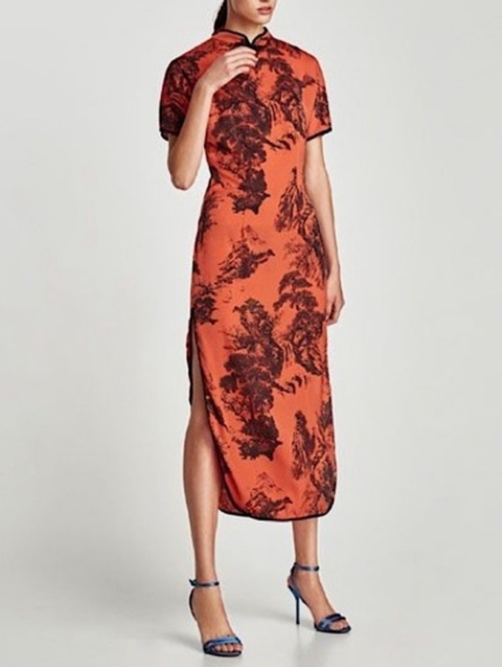 ZARA BLOGGER FAVORITE Asian Satin Midi Dress Women's M Orange Black High Slits